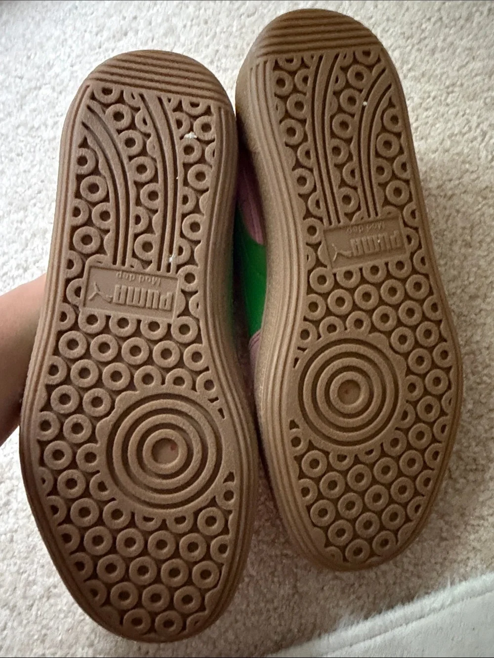 Puma Pink Suede Sneakers with Green Formstrip and Brown Gum Sole